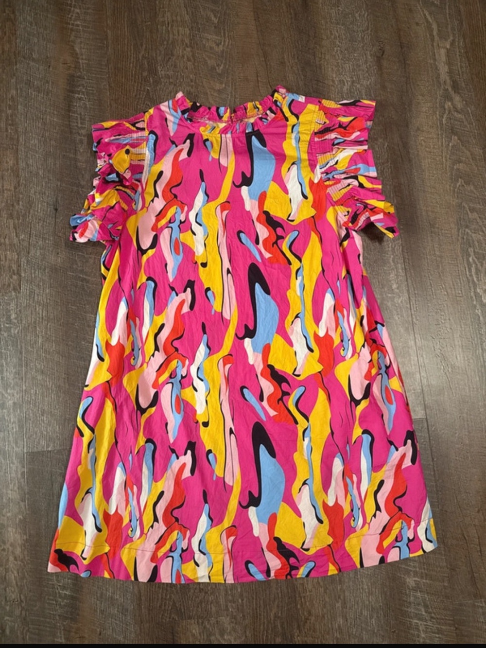 Ladies Pink Abstract Print Ruffle Sleeve Dress